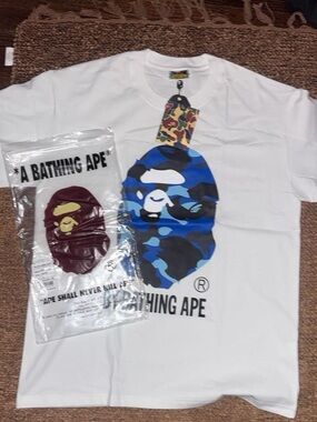 A Bathing Ape White Short-Sleeve Tee with Blue Camo Ape Head